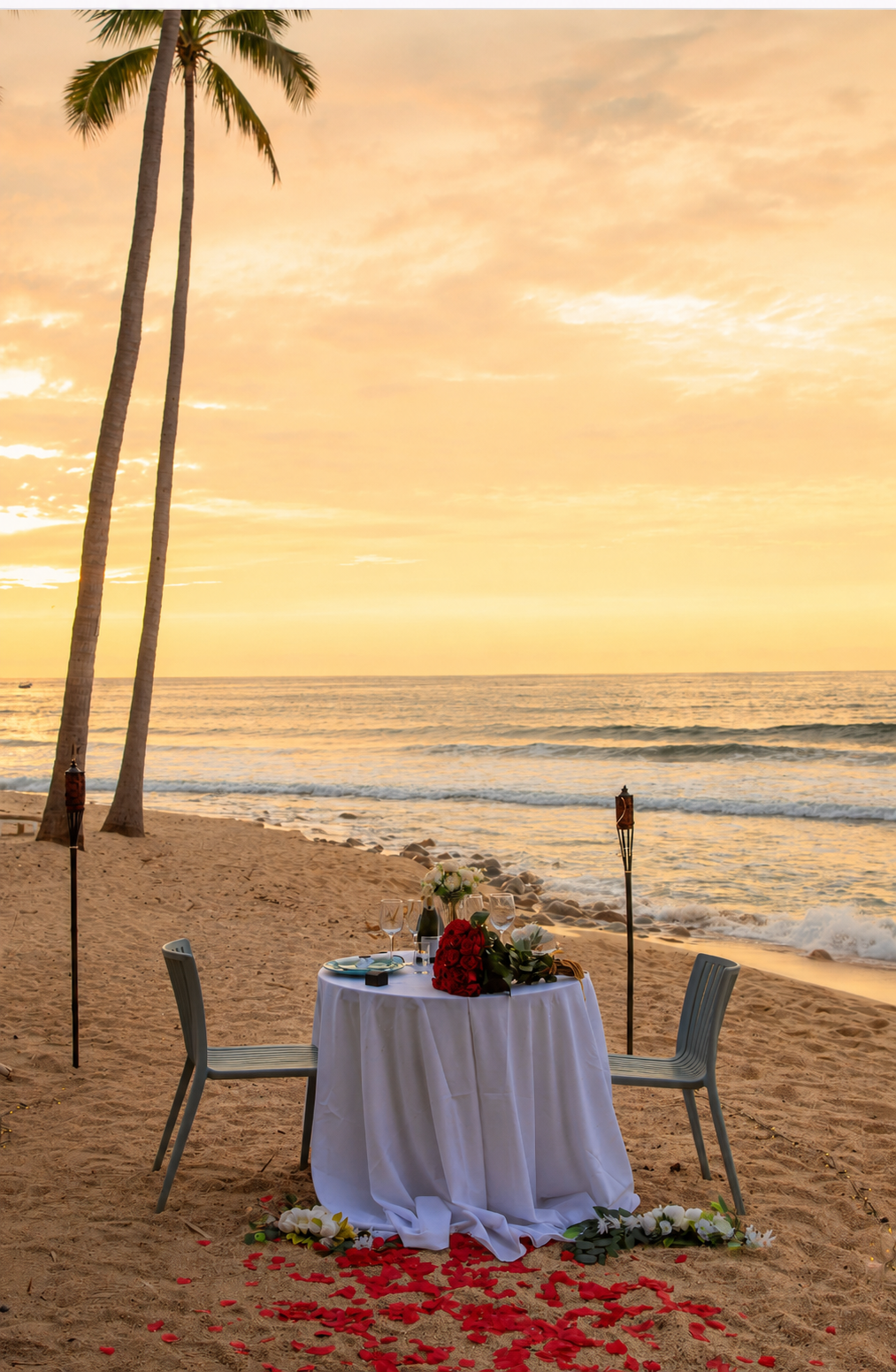 Mesa para dos en la arena al atardecer