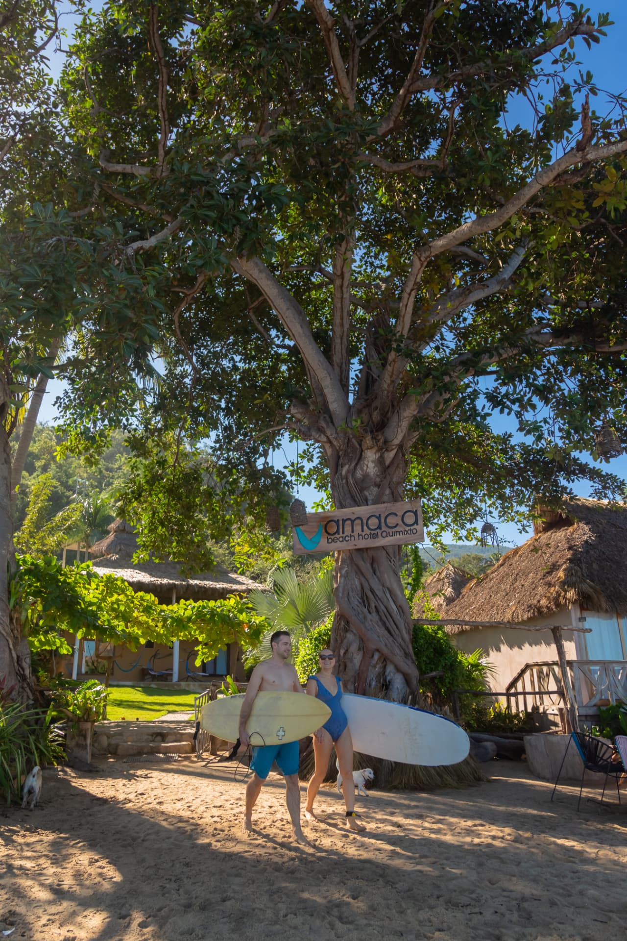 Couple carrying surfboards toward the beach at Amaca Beach