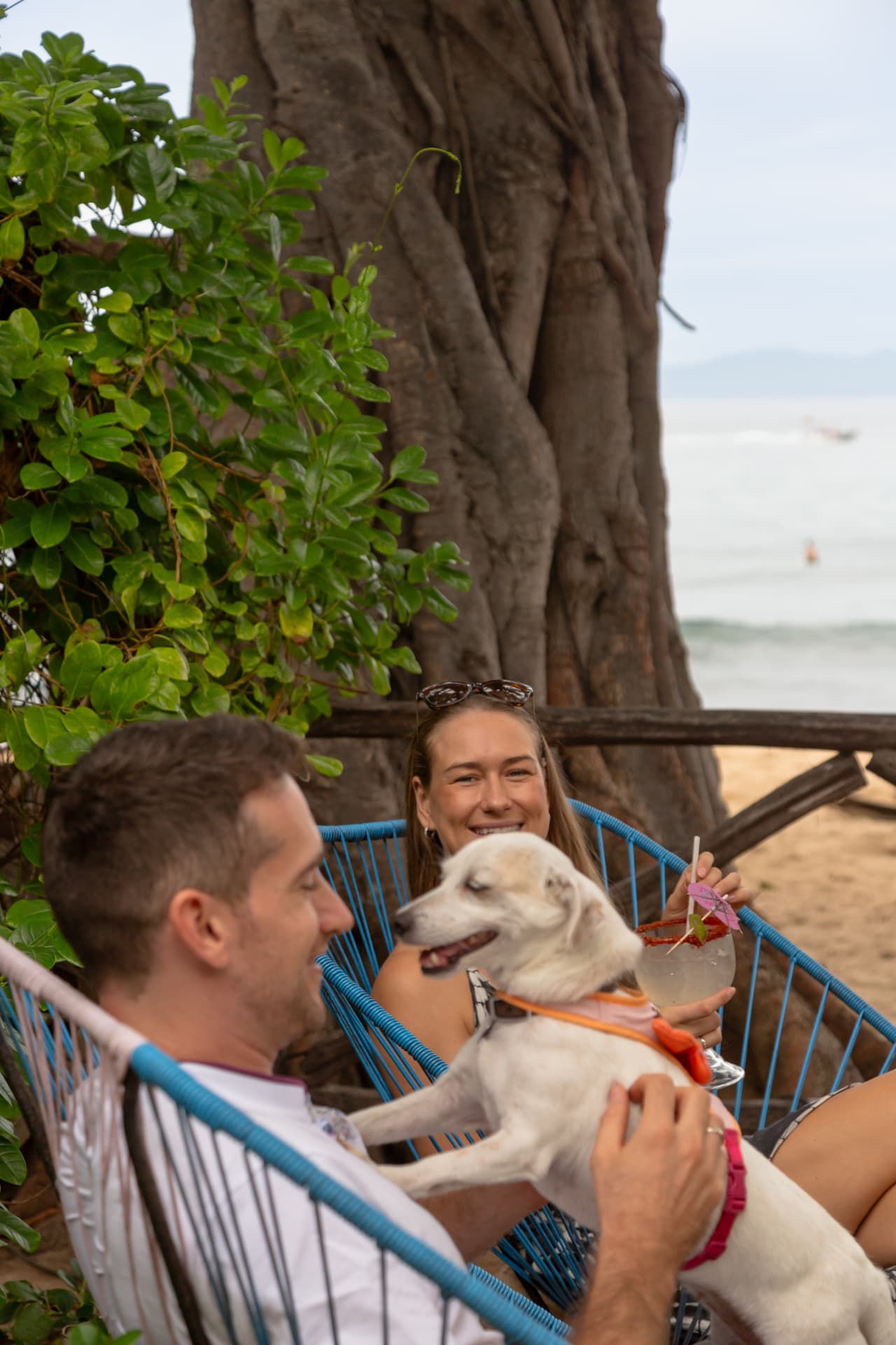 Couple with a dog and a cocktail in the beach club chairs