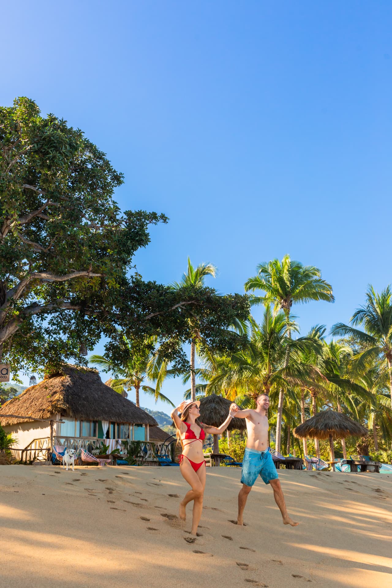 Couple playing in the sand in front of the hotel palapas
