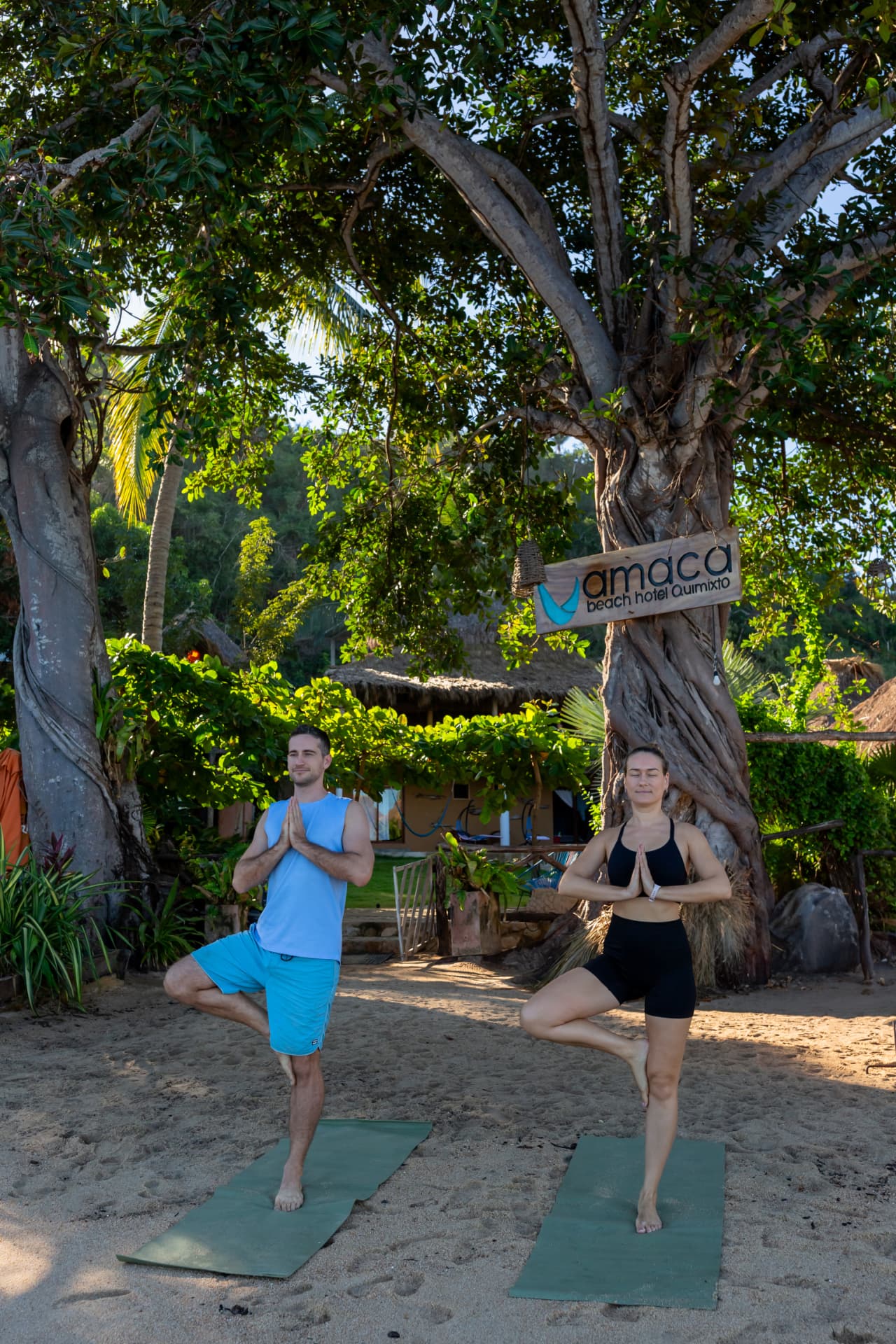 Couple in tree pose under the entrance tree at Amaca Beach Hotel Quimixto