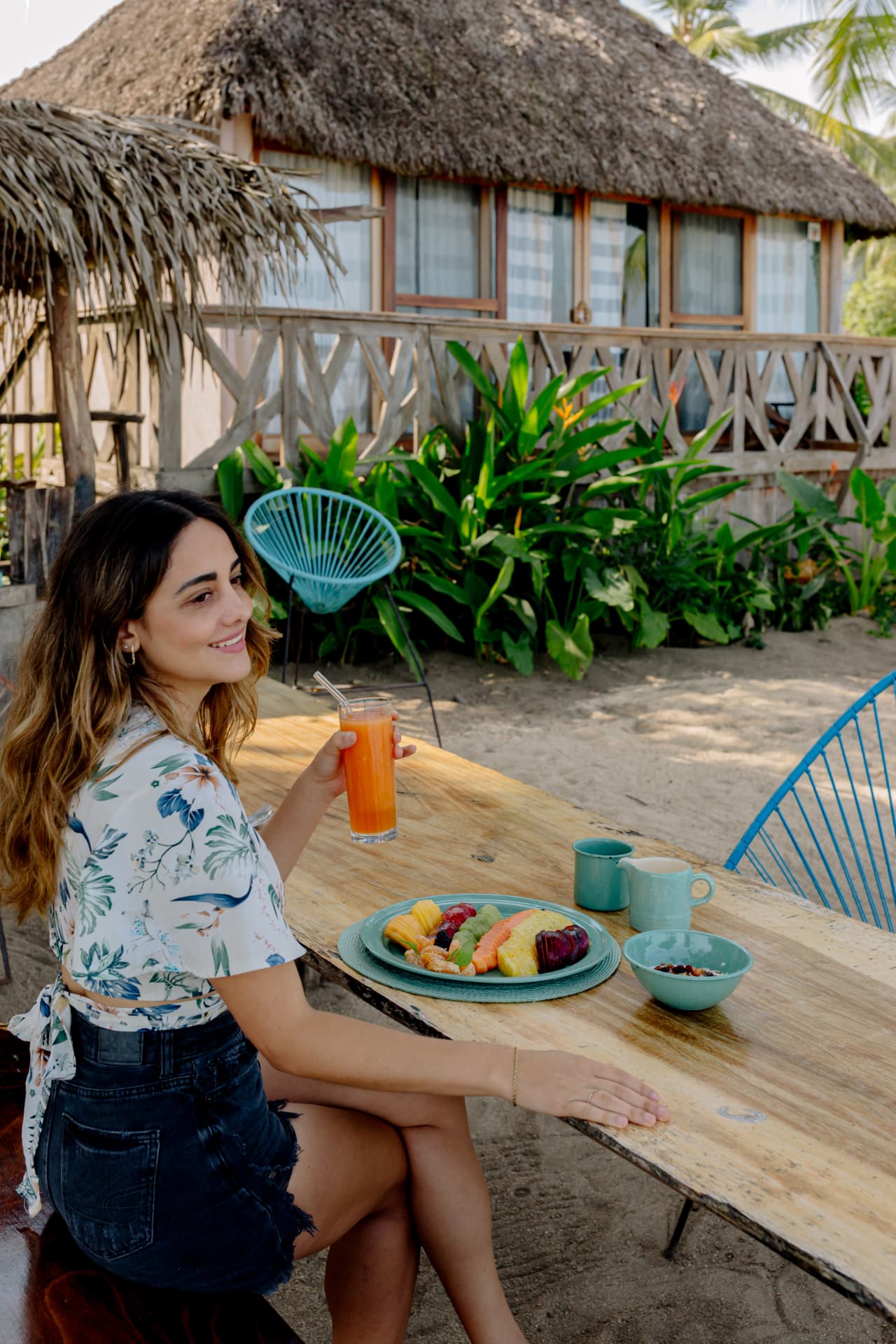 Natural breakfast in front of the palapa at Amaca Beach
