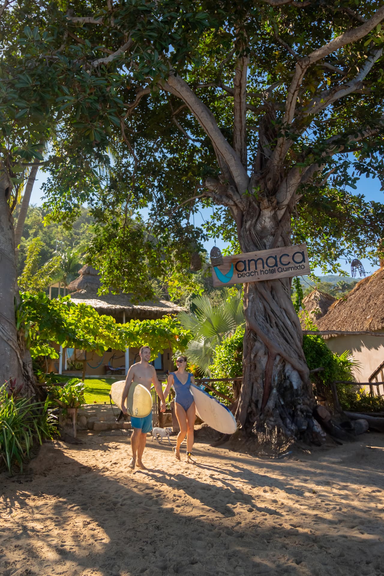 Couple with surfboards under the big tree at Amaca Beach